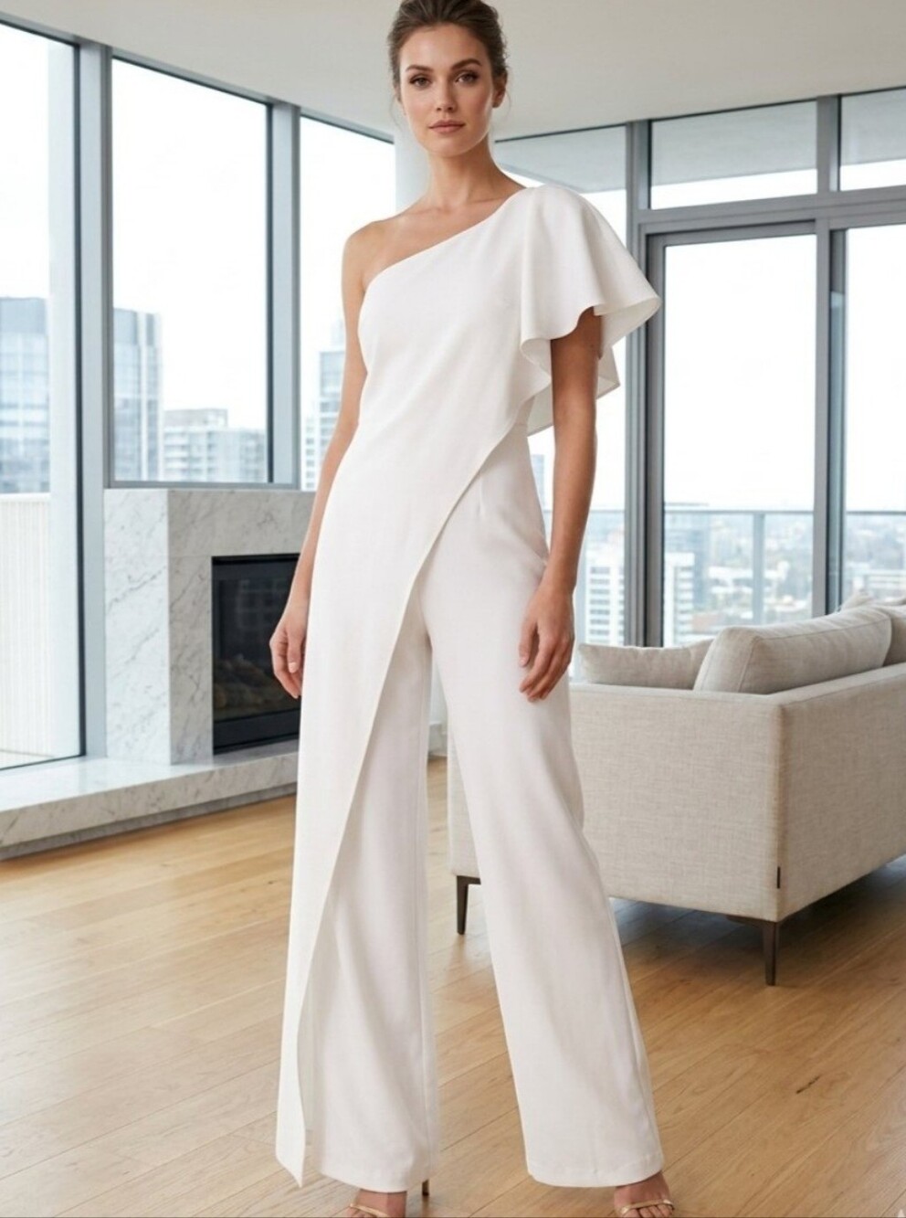 VENUS Elegant White One-Shoulder Asymmetrical Wide-Leg Ruffle Overlay Jumpsuit-2